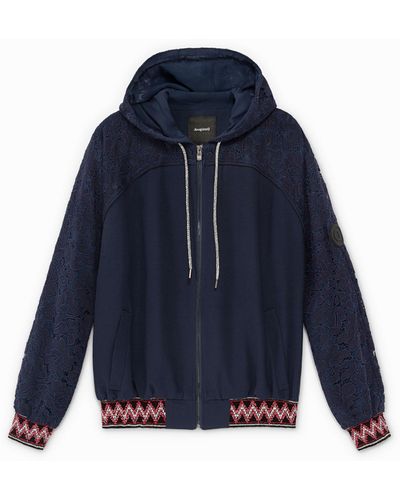 Desigual Jacket Embroidered Sleeves With Hood - Blue