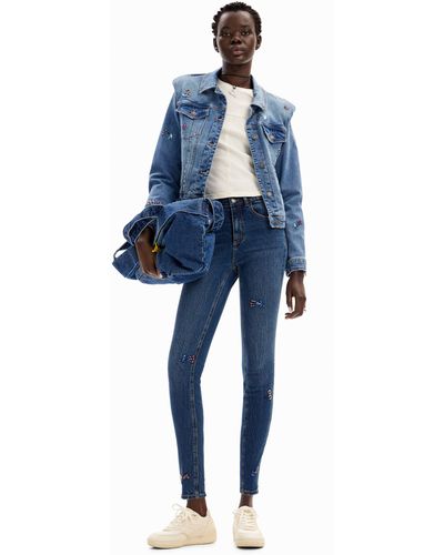 Desigual Slim Beaded Floral Jeans - Blue