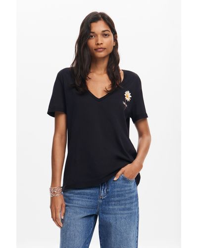 Desigual Embroidered V-neck T-shirt - Black