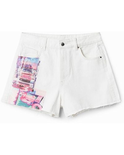 Desigual Denim Shorts With Patches - White