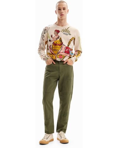 Desigual Straight Long Trousers With Embroidery. - Green
