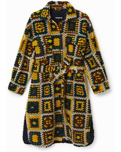 Desigual Crochet-effect Long Coat - Yellow