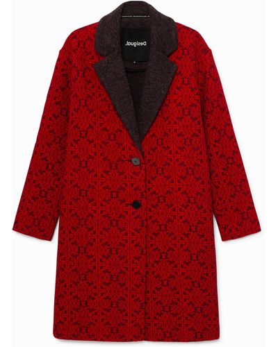 Desigual Long Tricot Coat Friezes - Red