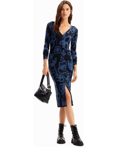 Desigual Floral Knit Midi Dress - Blue
