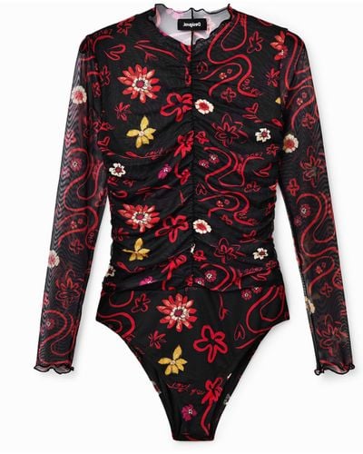 Desigual Tulle Ruched Floral Bodysuit - Red