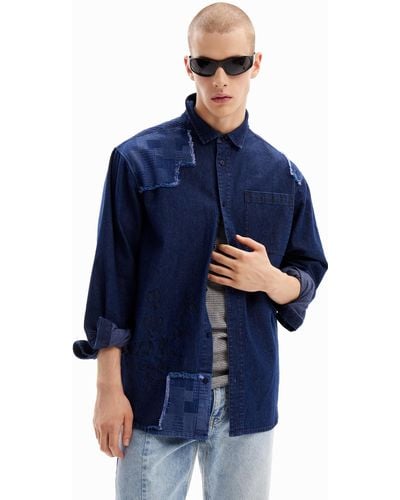 Desigual Denim Shirt With Embroidery And Patches. - Blue