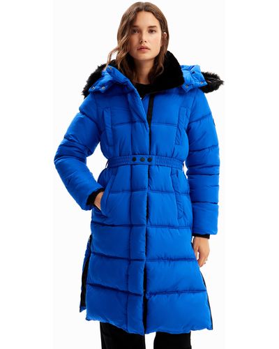 Desigual Quilted Belted Coat - Blue