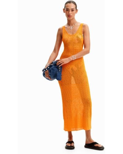 Desigual Strappy Openwork Midi Dress - Orange