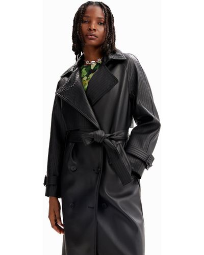 Desigual Belted Leather-effect Trench Coat - Black