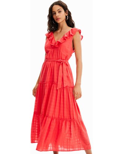 Desigual Ruffle Midi Dress - Red