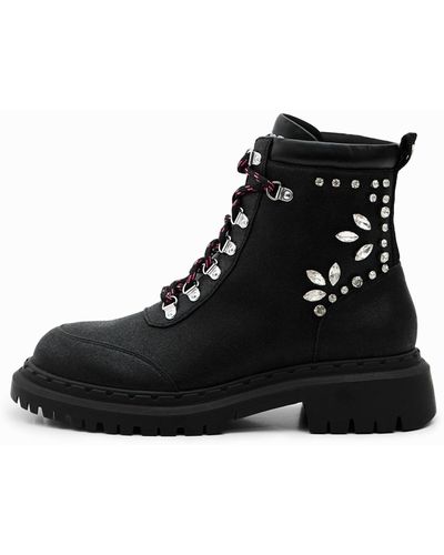 Desigual Lace-up Boots With Crystals - Black