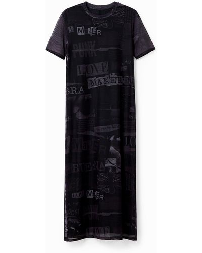 Desigual Tulle Newspaper Midi Dress - Black