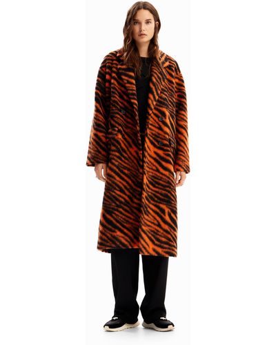 Desigual Long Tiger Print Wool Coat - Red