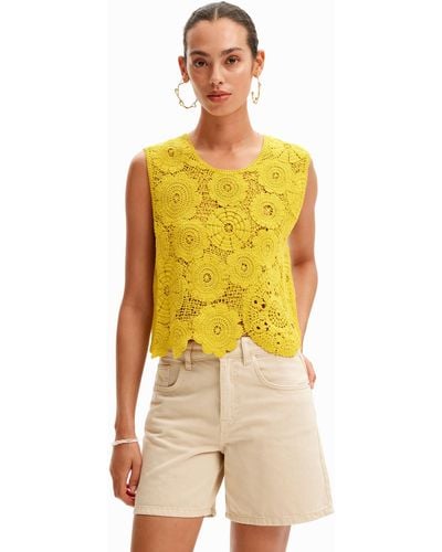 Desigual Floral Crochet T-shirt - Yellow