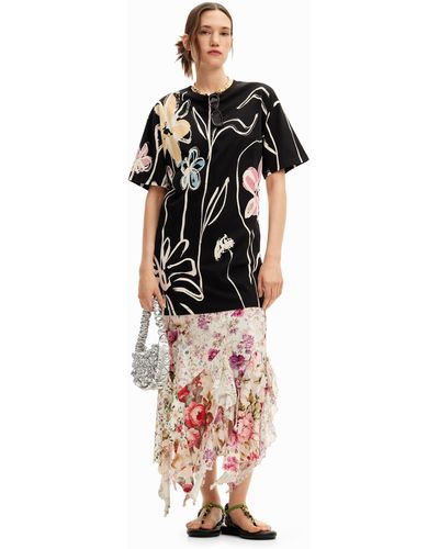 Desigual Short Dress With Arty Flowers. - Black