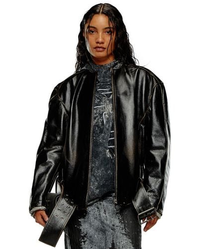 DIESEL Oversized Biker Jacket In Brushed Leather - Black