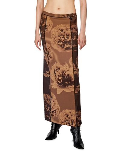 DIESEL Long Skirt With Flower Print - Brown