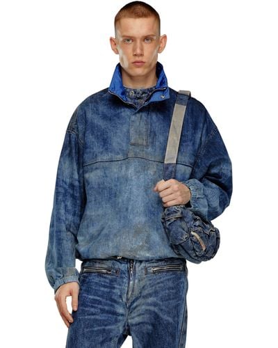DIESEL Pullover Jacket In Dirt-effect Denim - Blue
