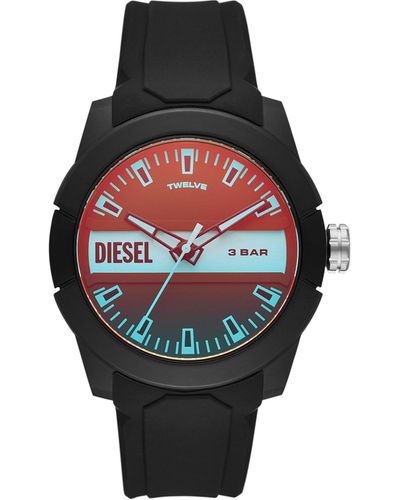 DIESEL Double up-Armbanduhr mit drei Zeigern und schwarzem Silikonarmband