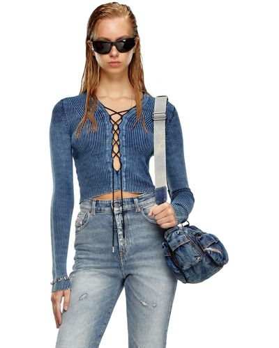 DIESEL Cropped Lace-up Top In Indigo Knit - Blue