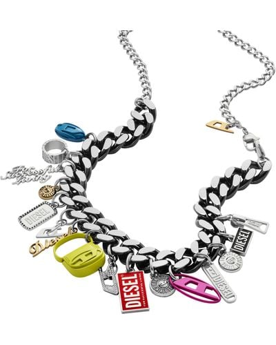 DIESEL Black Stainless Steel Charm Chain Necklace - Multicolor
