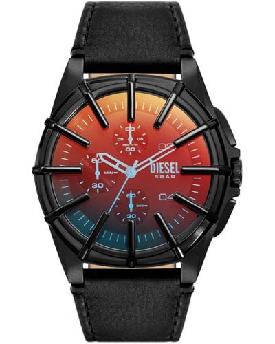 DIESEL Framed Black Leather Watch - Red