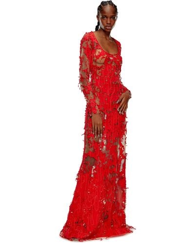 DIESEL Langes Dévoré-Kleid aus Tüll und Jersey - Rot
