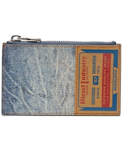 DIESEL Leather Card Holder With Denim Print - Blue