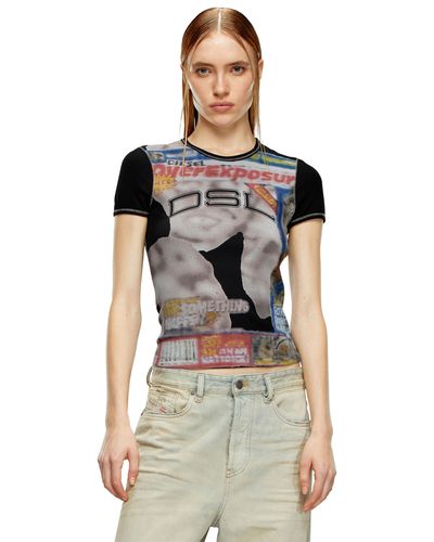 DIESEL Ribbed T-shirt With Airbrush Print - Black