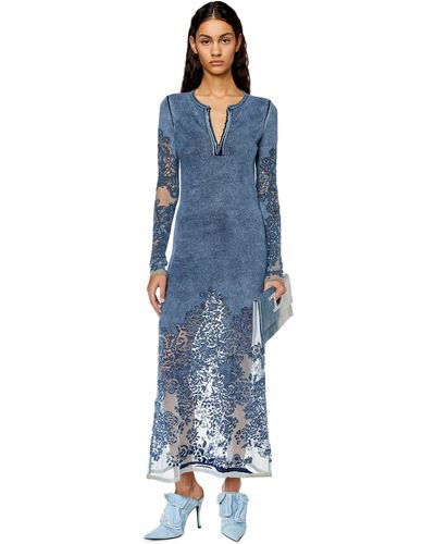 DIESEL Long V-neck Dress With Burnout Pattern - Blue
