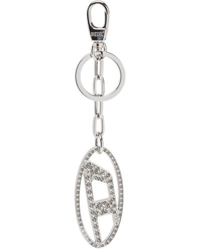DIESEL Metal Oval D Keyring With Crystals - White