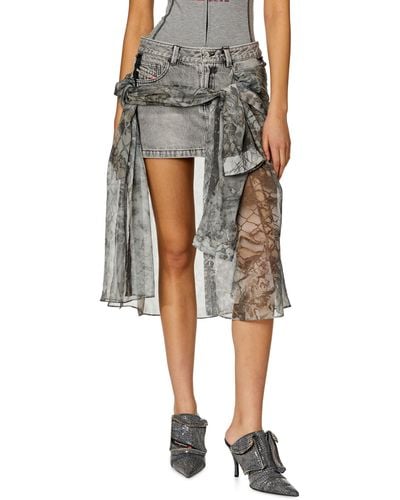 DIESEL Denim Mini Skirt With Chiffon Overlay - Grey