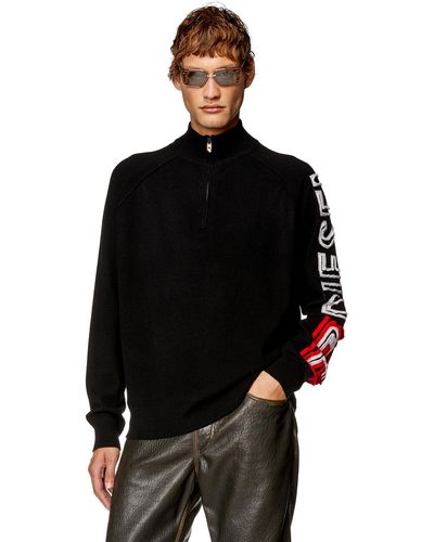 DIESEL Pullover mit halbem Reißverschluss und Peel-Off-Logo-Intarsie - Schwarz
