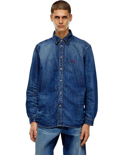 DIESEL Stretch Denim Shirt With 3d Whiskers - Blue