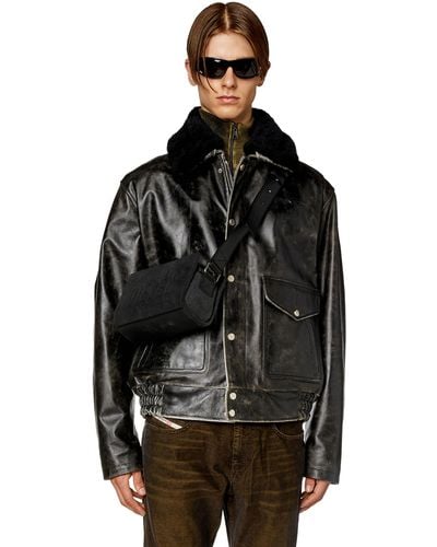 DIESEL Treated Leather Jacket With Fleece Collar - Black