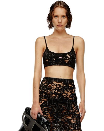 DIESEL Tulle Bra Top With Destroyed Jersey - Black