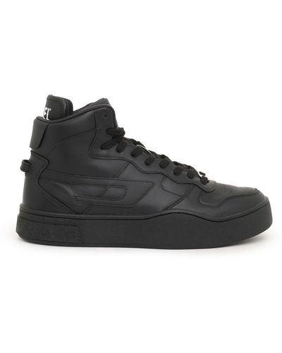 DIESEL Leather High-top Sneakers With D Logo - Black