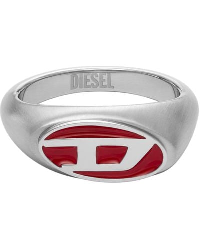 DIESEL Red Enamel And Stainless Steel Signet Ring - White