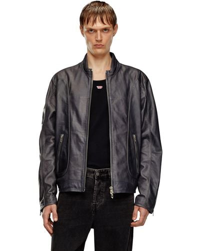DIESEL Leather Biker Jacket With Piping - Black