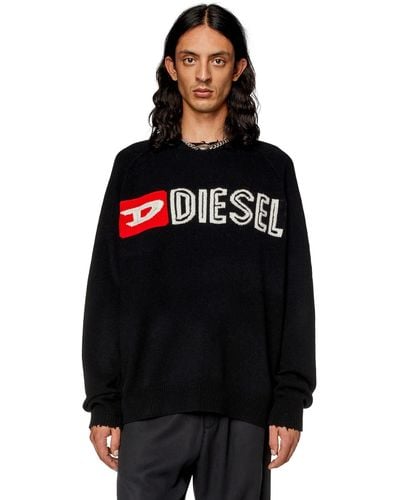 DIESEL Wool Crewneck Sweater With Cut-up Logo - Black