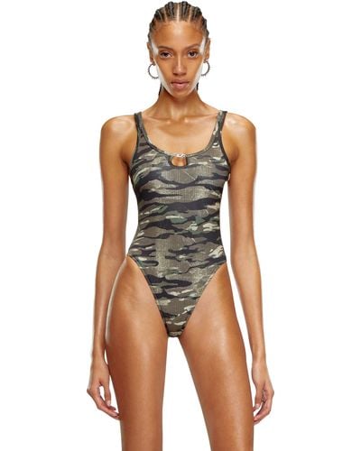 DIESEL Gerippter Badeanzug mit Camouflage-Print - Grün