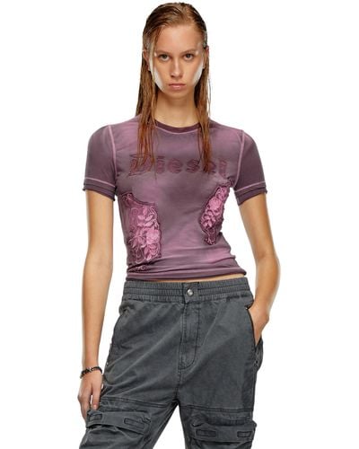 DIESEL T-shirt With Embroidered Floral Patches - Purple