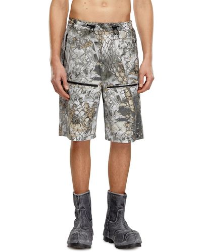 DIESEL Nylon Cargo Shorts With Abstract Print - Gray