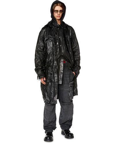 DIESEL Hooded Coat In Bubble Leather - Black