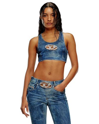 DIESEL Cropped Denim Top With Crystal Plaque - Blue