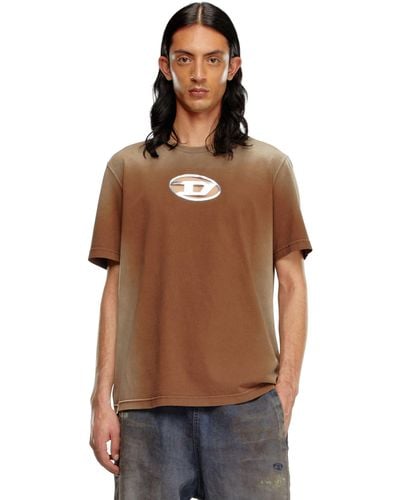 DIESEL Faded T-shirt With Cut-out Oval D Logo - Brown
