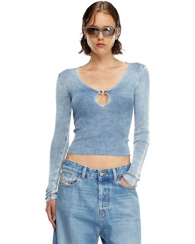 DIESEL Cut-out Top In Indigo Cotton Knit - Blue