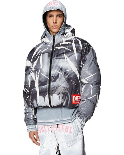 DIESEL Hooded Puffer Jacket With Smile Print - Gray