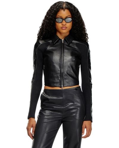 DIESEL Cropped Leather Jacket With Knit Inserts - Black