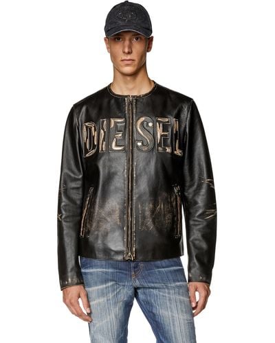 DIESEL Jacke aus vielgetragenem Leder mit Logo aus Metall - Schwarz